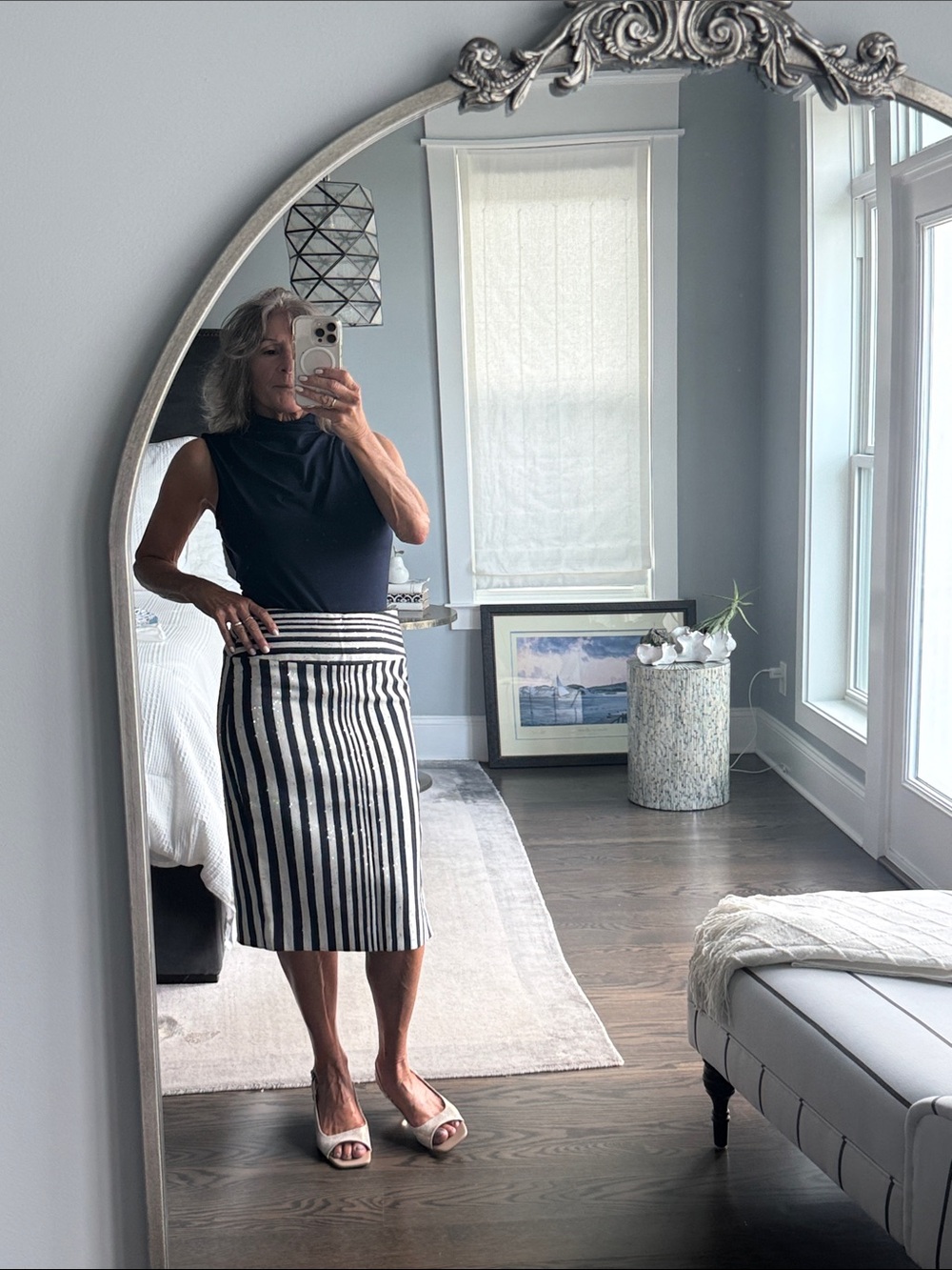 Milly Striped Sequin Lined High Slit Midi Pencil Skirt